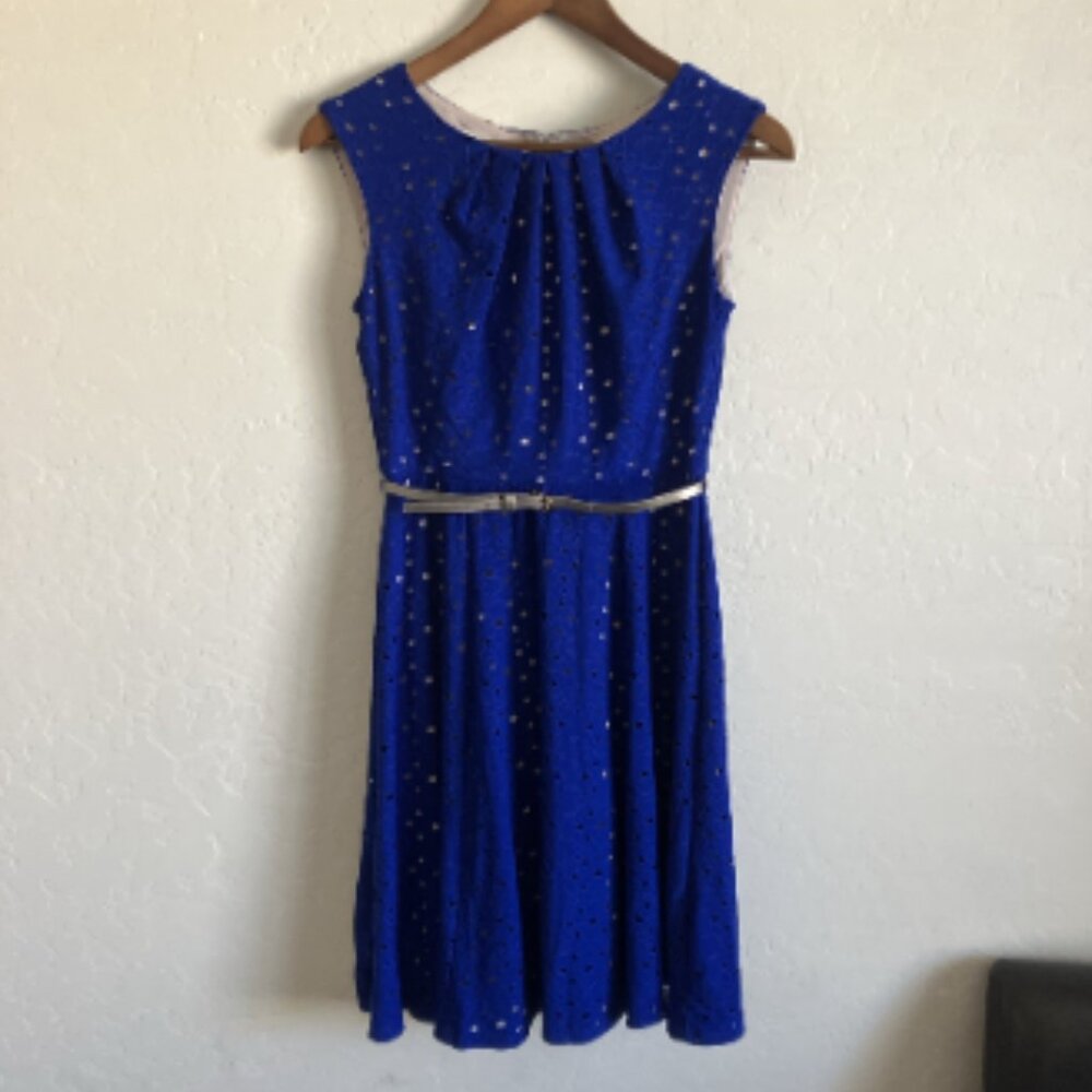 Womens Petite 4 Fit Flare Dress Blue Tan Laser Cut Overlay Belted Sleeveless CB